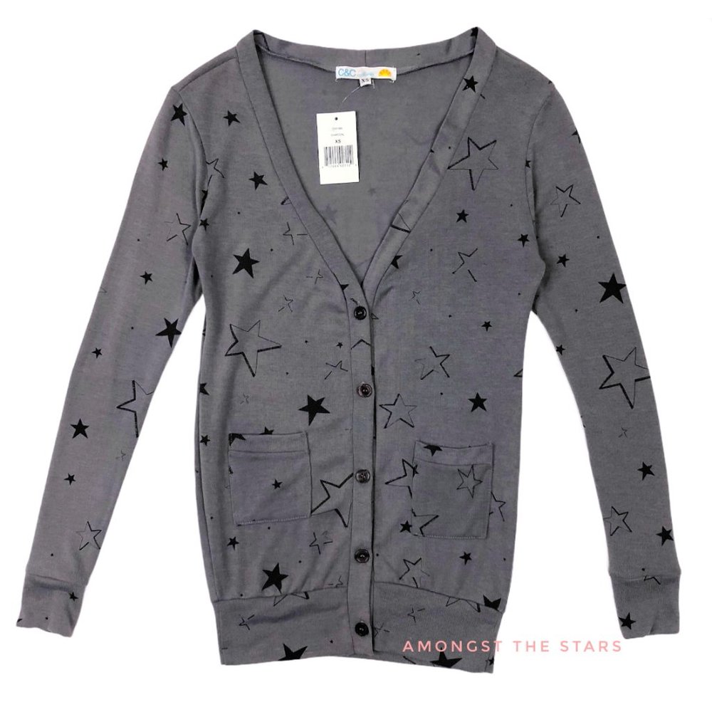 C&C California Black Star Print Grey Knit Cardigan
